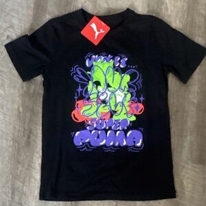 Puma, NWT, S Boys Kids Graphic Tee - Black with Neon Accents